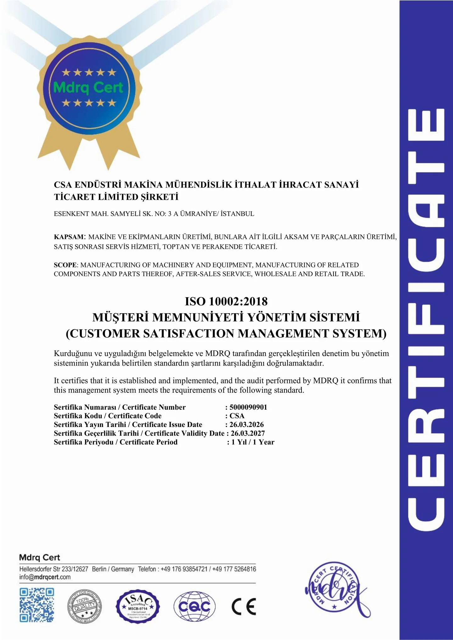 ISO 10002:2018 belgesi