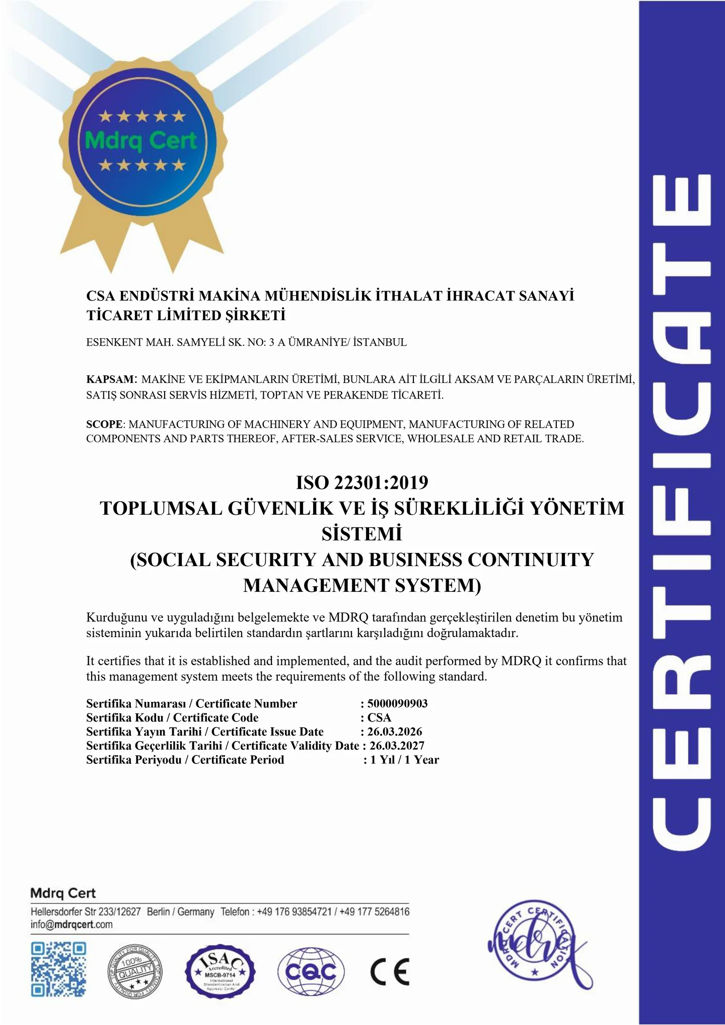 ISO 22301:2019 belgesi