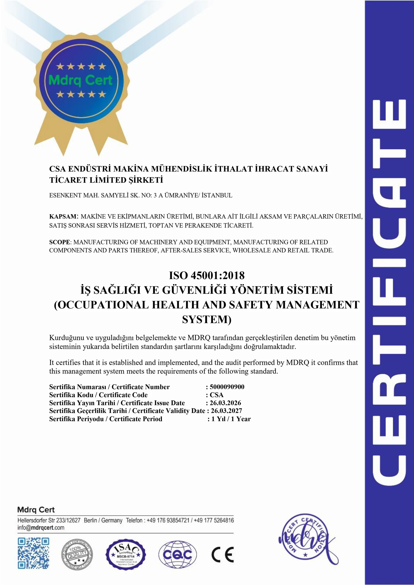 ISO 45001:2018 belgesi