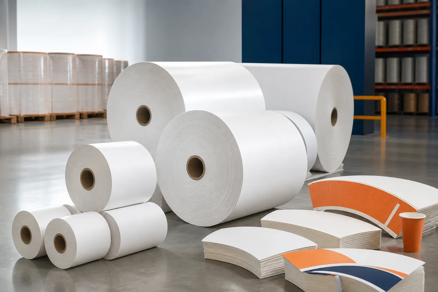 Rollenpapier, Basispapier und Seitenpapiere, die bei der Herstellung von Kartonbechern verwendet werden
